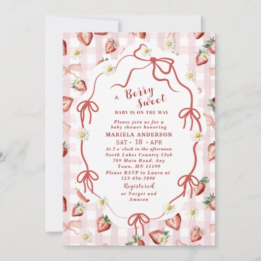 Elegante Waterverf Aardbei meisje Baby shower in Kaart (Voorkant)