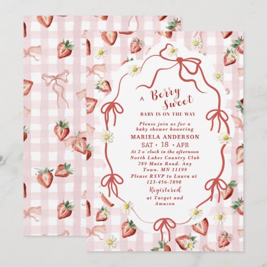 Elegante Waterverf Aardbei meisje Baby shower in Kaart (Voorkant / Achterkant)