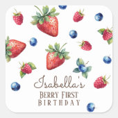 Elegante Waterverf aardbeienbes Eerste Verjaardag Vierkante Sticker (Voorkant)