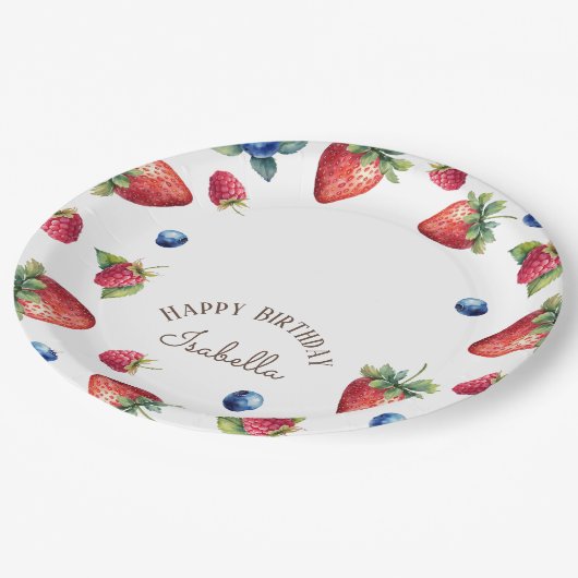 Elegante Waterverf Aardbeienbes Happy Birthday Papieren Bordje (Gekanteld)