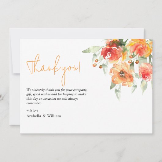 Elegante Waterverf abrikoos bloemenbruiloft Bedankkaart (Voorkant)