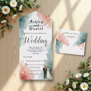Elegante Waterverf Abstracte bruid & bruidegom bru All In One Uitnodiging