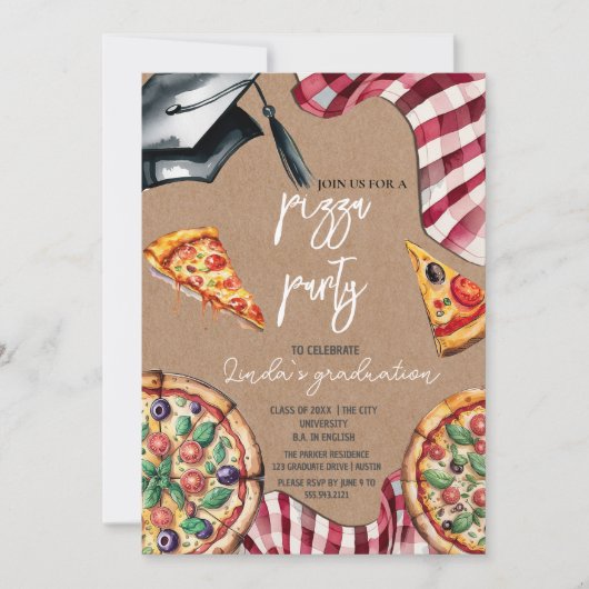 Elegante Waterverf Afstuderen Pizza Uitnodiging (Voorkant)