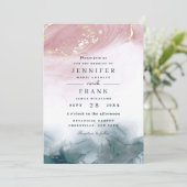Elegante Waterverf Alcohol Ink Blush Blauw Bruilof Kaart (Staand voorkant)