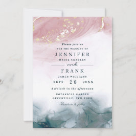Elegante waterverf alcohol inkt roze blauwe bruilo kaart