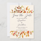 Elegante Waterverf Autumn Leaves Paar Foto Save The Date (Voorkant)