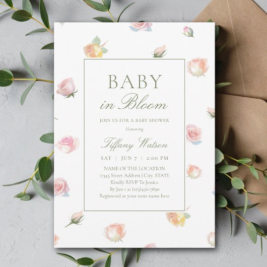 Elegante Waterverf Baby in Bloom Meisje Baby Showe Kaart