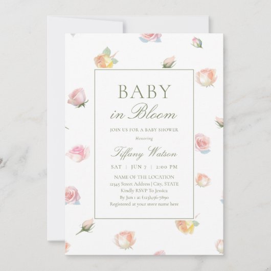 Elegante Waterverf Baby in Bloom Meisje Baby Showe Kaart (Voorkant)