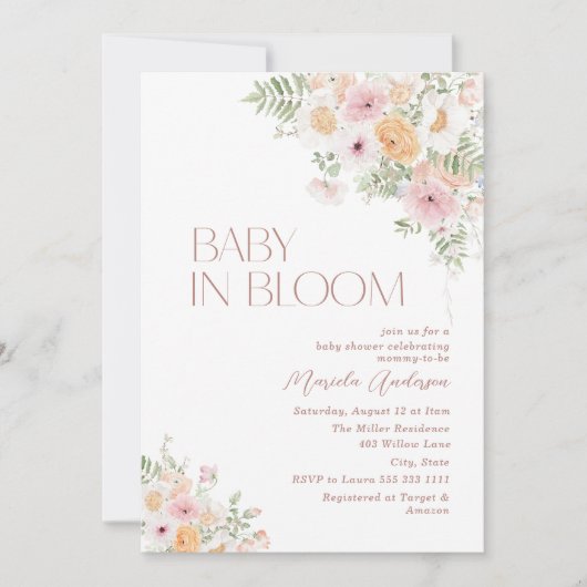 Elegante Waterverf Baby in Bloom Roze bloemetjes B Kaart (Voorkant)