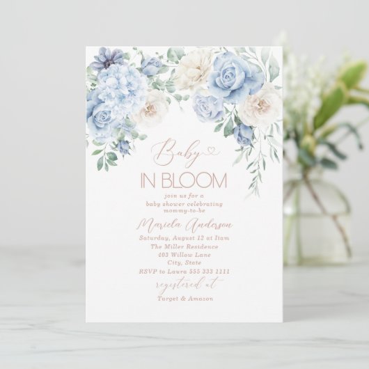 Elegante Waterverf Baby in Blooom Blauwe bloemen B Kaart (Staand voorkant)