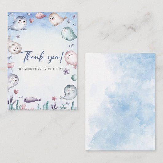 Elegante Waterverf Baby Seal Dank u Baby showe Notitiekaartje (Voorkant / Achterkant)
