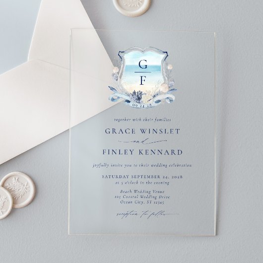 Elegante Waterverf Beach Monogram Trouwkam Acryl Uitnodigingen