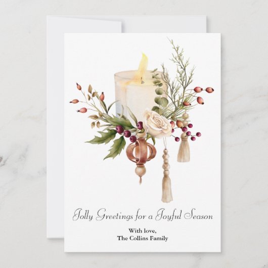 Elegante Waterverf Berries Kaarsen Kerst Feestdagenkaart (Voorkant)