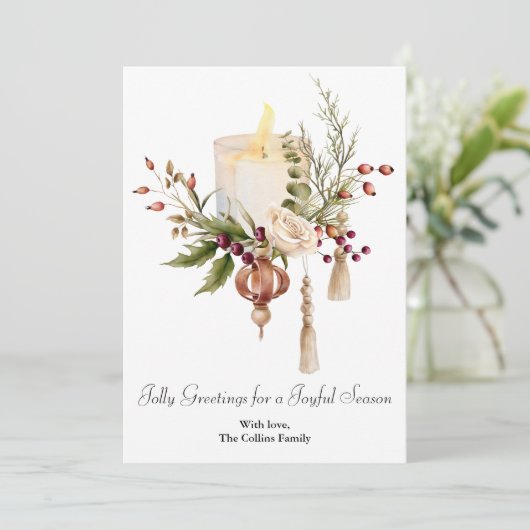 Elegante Waterverf Berries Kaarsen Kerst Feestdagenkaart (Staand voorkant)