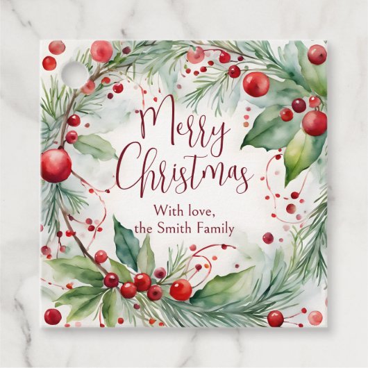Elegante Waterverf Berry en Pine Christmas Bedankjes Labels (Voorkant)