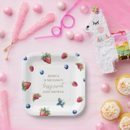 Elegante Waterverf Berry Sweet Baby shower Papieren Bordje (Feest)