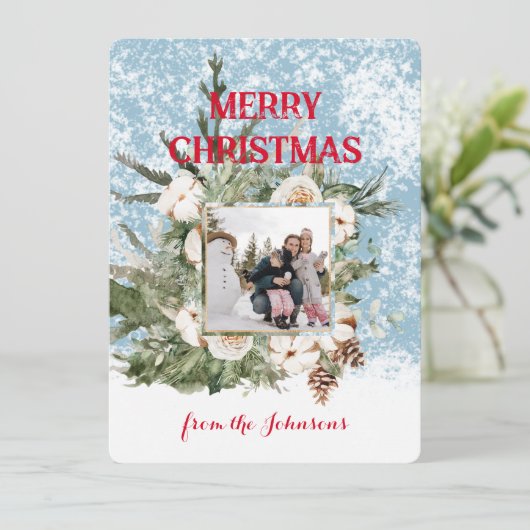 Elegante Waterverf besneeuwde foto kerst Feestdagenkaart (Staand voorkant)
