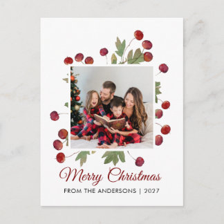 Elegante Waterverf Bessen Prettig Kerst Foto Feestdagenkaart