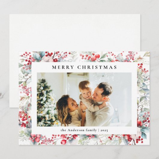 Elegante Waterverf bessen Vrolijke kerstfoto Feestdagenkaart (Voorkant / Achterkant)