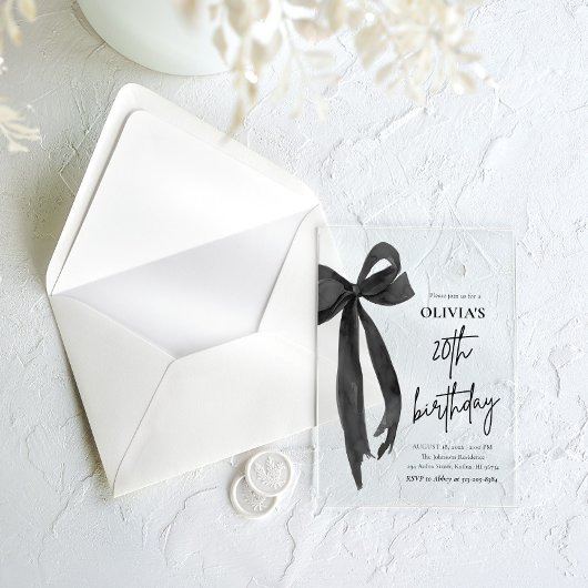 Elegante Waterverf Black Bow 20e verjaardagsfeest Acryl Uitnodigingen