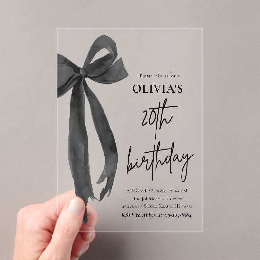 Elegante Waterverf Black Bow 20e verjaardagsfeest Acryl Uitnodigingen (Insitu (Draagbaar))