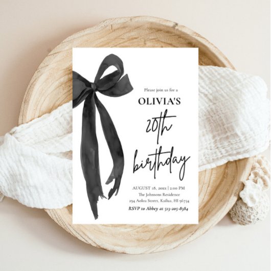 Elegante Waterverf Black Bow 20e verjaardagsfeest Kaart