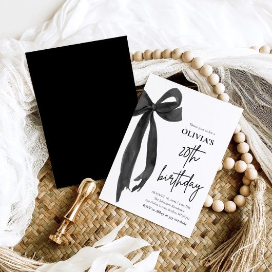 Elegante Waterverf Black Bow 20e verjaardagsfeest Kaart