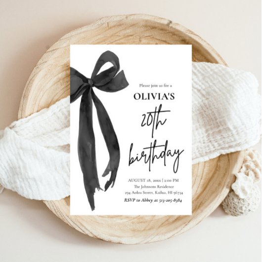 Elegante Waterverf Black Bow 20e verjaardagsfeest Kaart