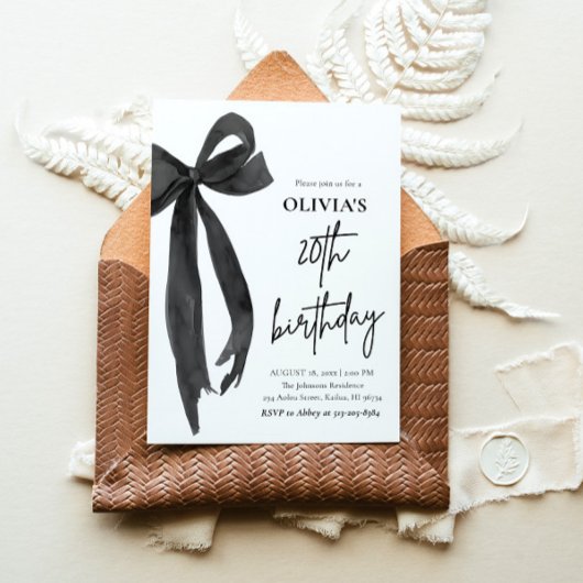 Elegante Waterverf Black Bow 20e verjaardagsfeest Kaart