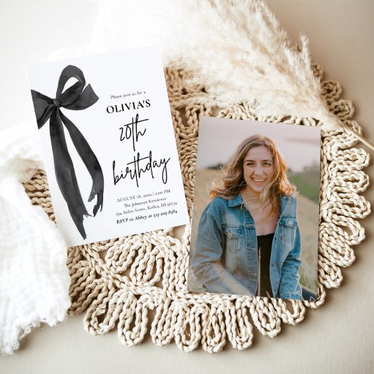 Elegante Waterverf Black Bow 20e verjaardagsfeest Kaart