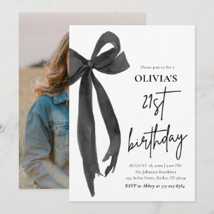Elegante Waterverf Black Bow 21e verjaardagsfeest Kaart
