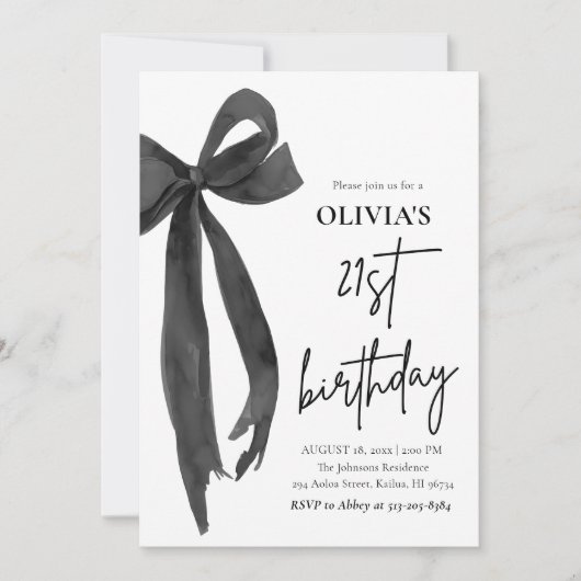 Elegante Waterverf Black Bow 21e verjaardagsfeest Kaart (Voorkant)