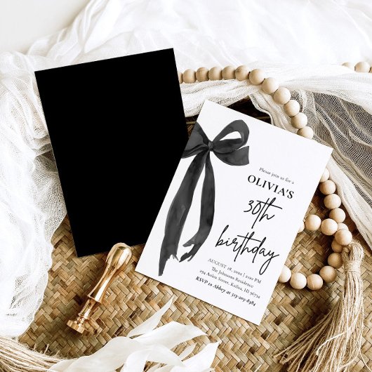 Elegante Waterverf Black Bow 30e verjaardagsfeest Kaart