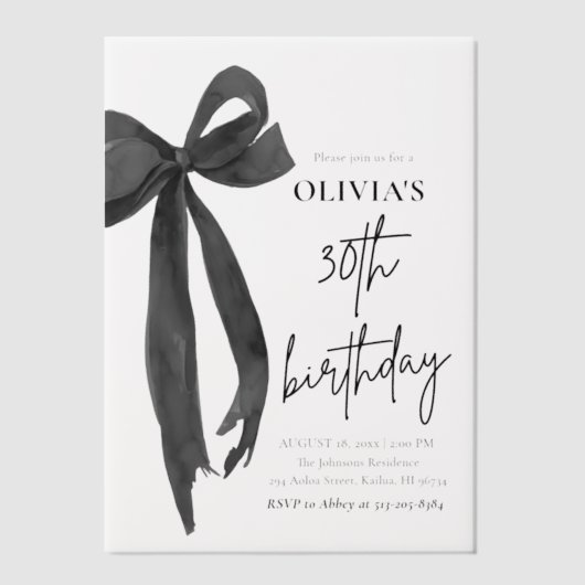 Elegante Waterverf Black Bow 30e verjaardagsfeest Vellum Uitnodigingen (Voorkant)