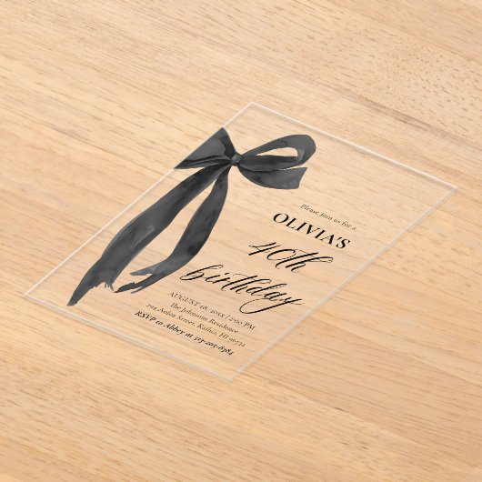 Elegante Waterverf Black Bow 40e verjaardagsfeest Acryl Uitnodigingen (Laagn)