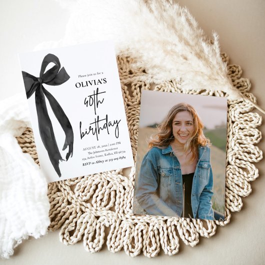 Elegante Waterverf Black Bow 40e verjaardagsfeest Kaart