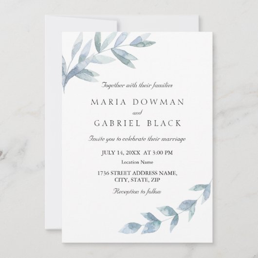 Elegante waterverf blad botanische bruiloft kaart (Voorkant)