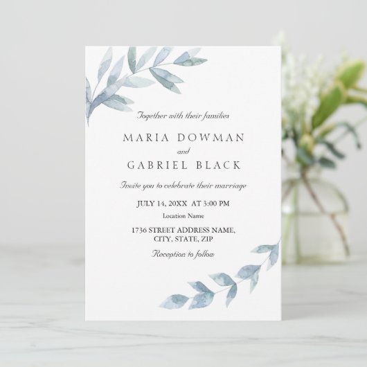 Elegante waterverf blad botanische bruiloft kaart (Staand voorkant)