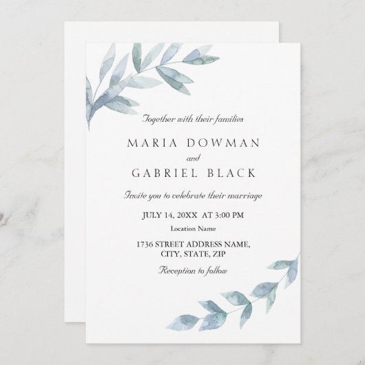 Elegante waterverf blad botanische bruiloft kaart (Voorkant / Achterkant)