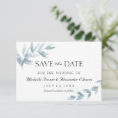 Elegante waterverf blad botanische save the date RSVP kaartje (Staand voorkant)