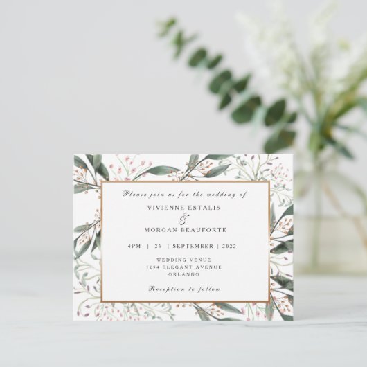 Elegante waterverf blad gouden bruiloft briefkaart (Staand voorkant)