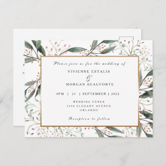 Elegante waterverf blad gouden bruiloft briefkaart (Voorkant / Achterkant)