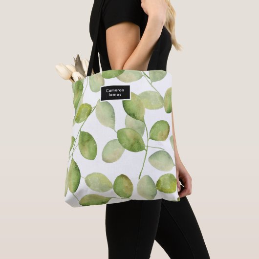 Elegante waterverf bladeren patroon gepersonalisee tote bag (Dichtbij)