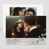 Elegante Waterverf bladeren | Twee foto's bruiloft Bedankkaart (Voorkant / Achterkant)