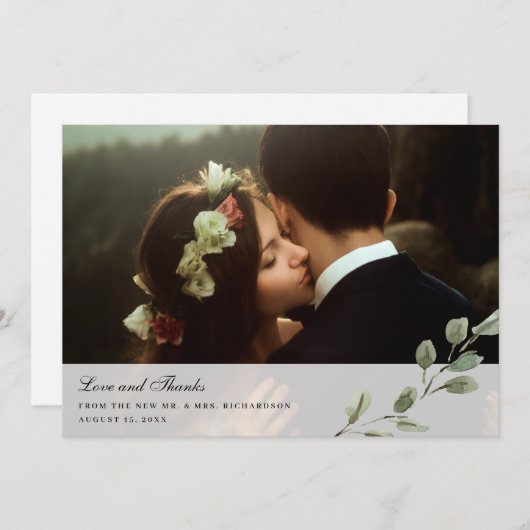 Elegante Waterverf bladeren | Twee foto's bruiloft Bedankkaart (Voorkant / Achterkant)