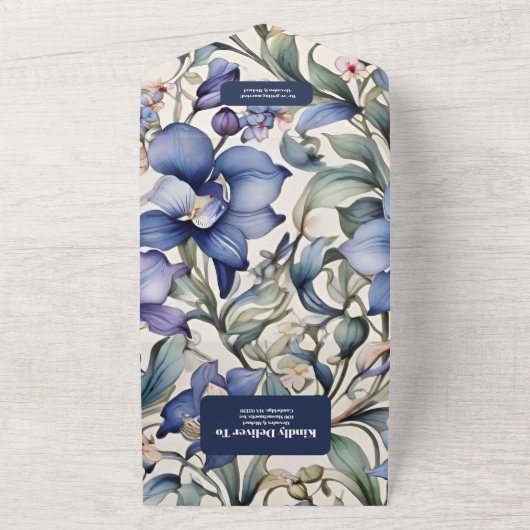 Elegante Waterverf Blauw Bloemen Bruiloft All In One Uitnodiging (Buitenkant)