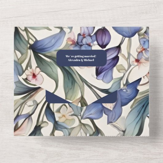 Elegante Waterverf Blauw Bloemen Bruiloft All In One Uitnodiging (Achterkant)