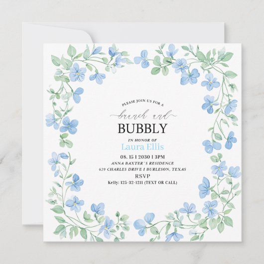 Elegante waterverf blauw bloemen brunch en bubbl kaart (Voorkant)