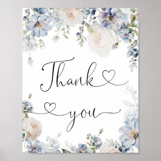 Elegante Waterverf Blauw Bloemen Dank u Poster (Voorkant)