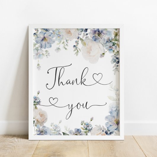 Elegante Waterverf Blauw Bloemen Dank u Poster